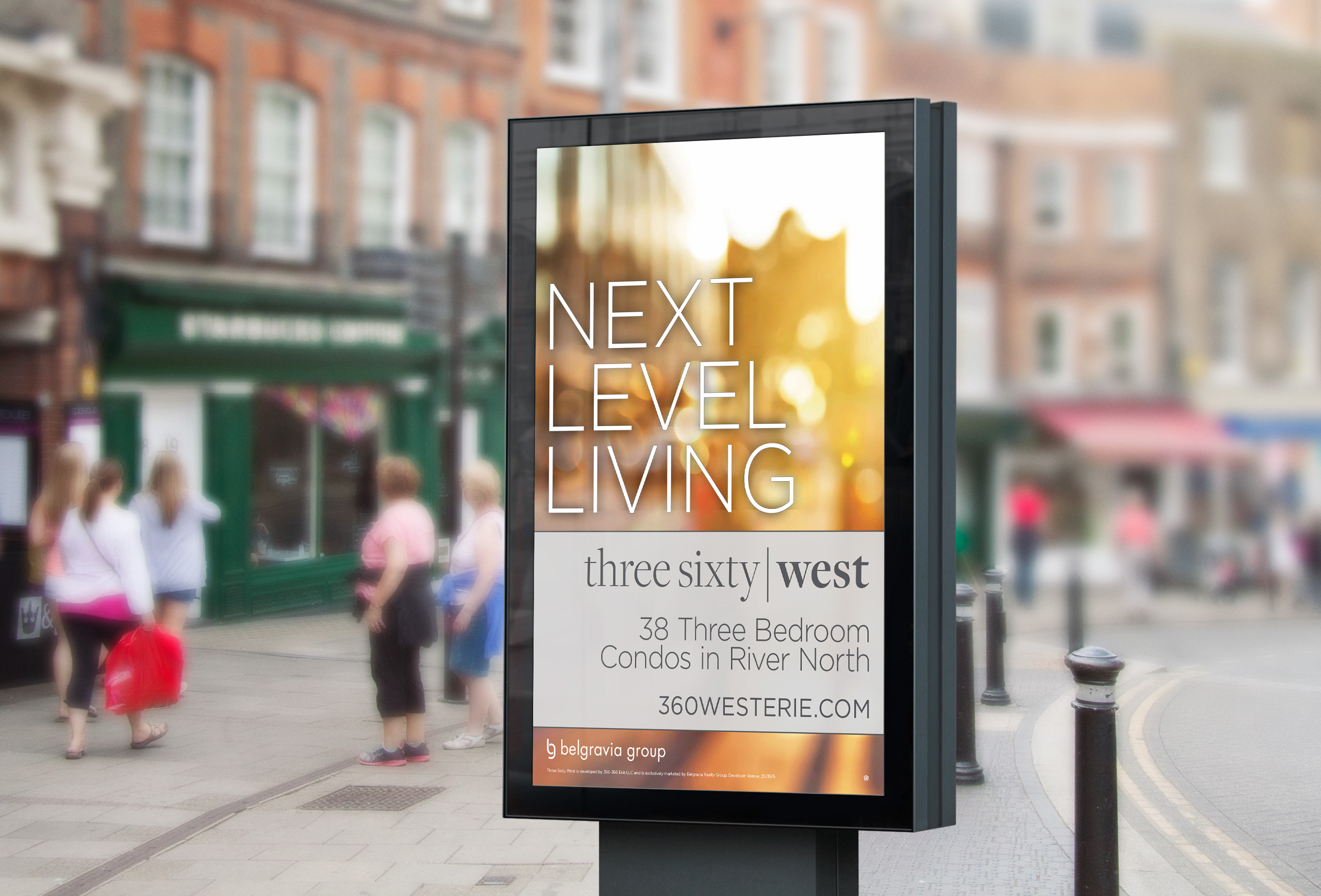 Outdoor advertising signage for Three Sixty West that reads "next level living"