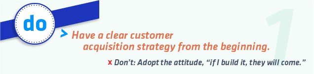 Graphic reads: Do have a clear customer acquisition strategy from the beginning. Don't adopt the attitude, "If I build it, they will come."