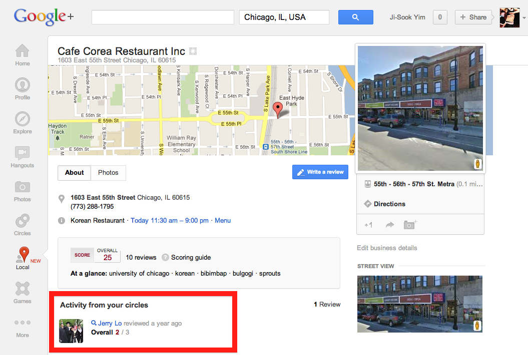 Google search result for Cafe Corea Restaurant Inc on the map