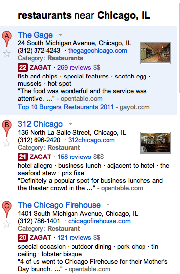 Google+ Local Maps results showing restaurants near Chicago, IL