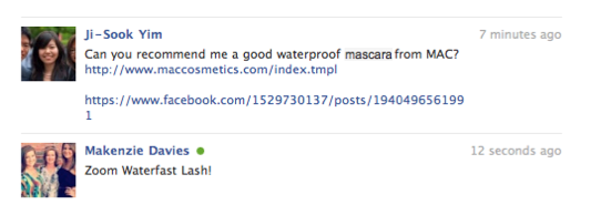 A Facebook post reads: "Can you recommend me a good waterproof mascara from MAC?"