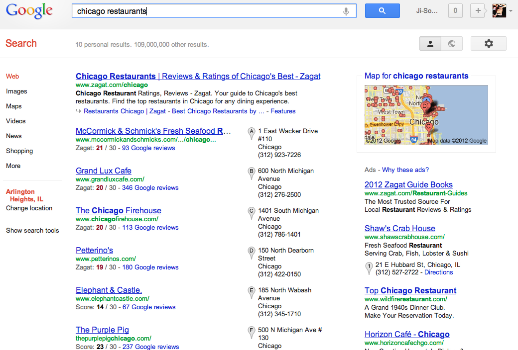 Google search results for Chicago restaurants