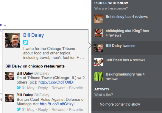 Bing social search sidebar shows a tweet from Bill Daley