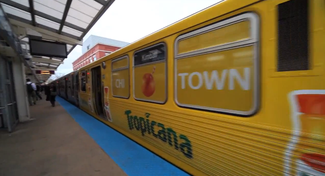 The Tropicana ad campaign splashed within the CTA, covering the train cars in yellow