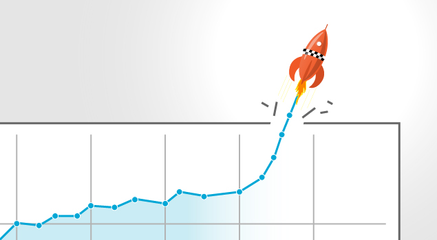 An upward growth line graph with a rocket ship coming off 
