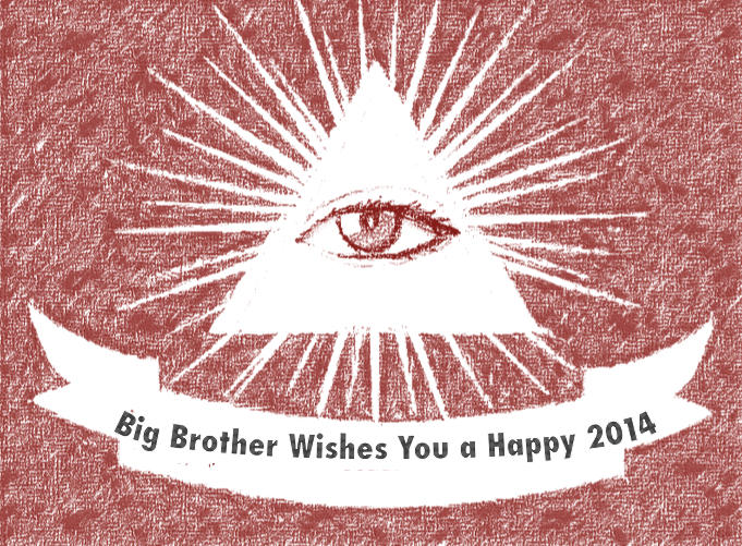 An illuminati icon with a banner underneath that reads "Big Brother Wishes You a Happy 2014"