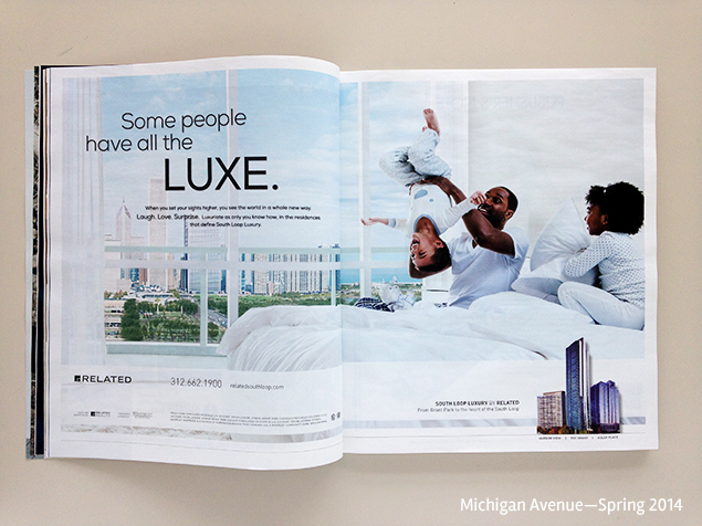 An ad in a magazine spread that reads "Some people have all the luxe" over a photo of a dad and his children playing in bed