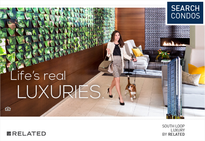 An ad reads "Life's Real Luxuries" over an image of a woman walking her dog in a luxury lobby