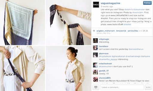 An instagram post from Vogue Magazine showing how to make a scarf into a cross body bag