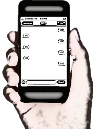 Cartoon holds phone with messages open, where text bubbles read "Yo" back and forth