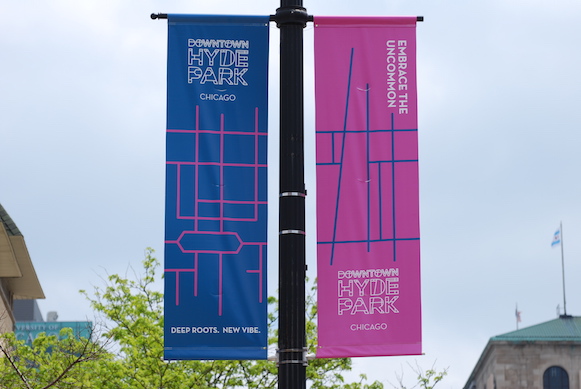 Outdoor advertising banners with new branding for Downtown Hyde Park