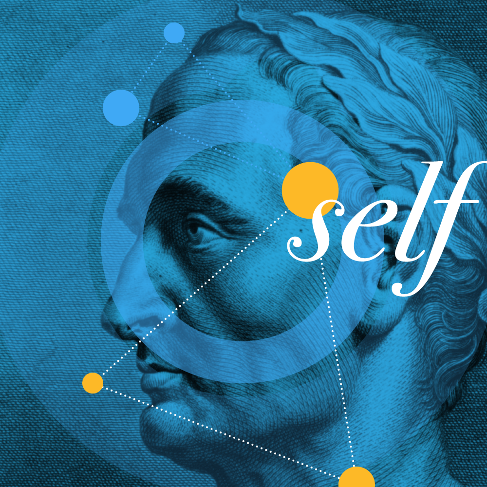 Two triangle outlines are overlaid on a blue illustration of Aristotle, with the word Self on it