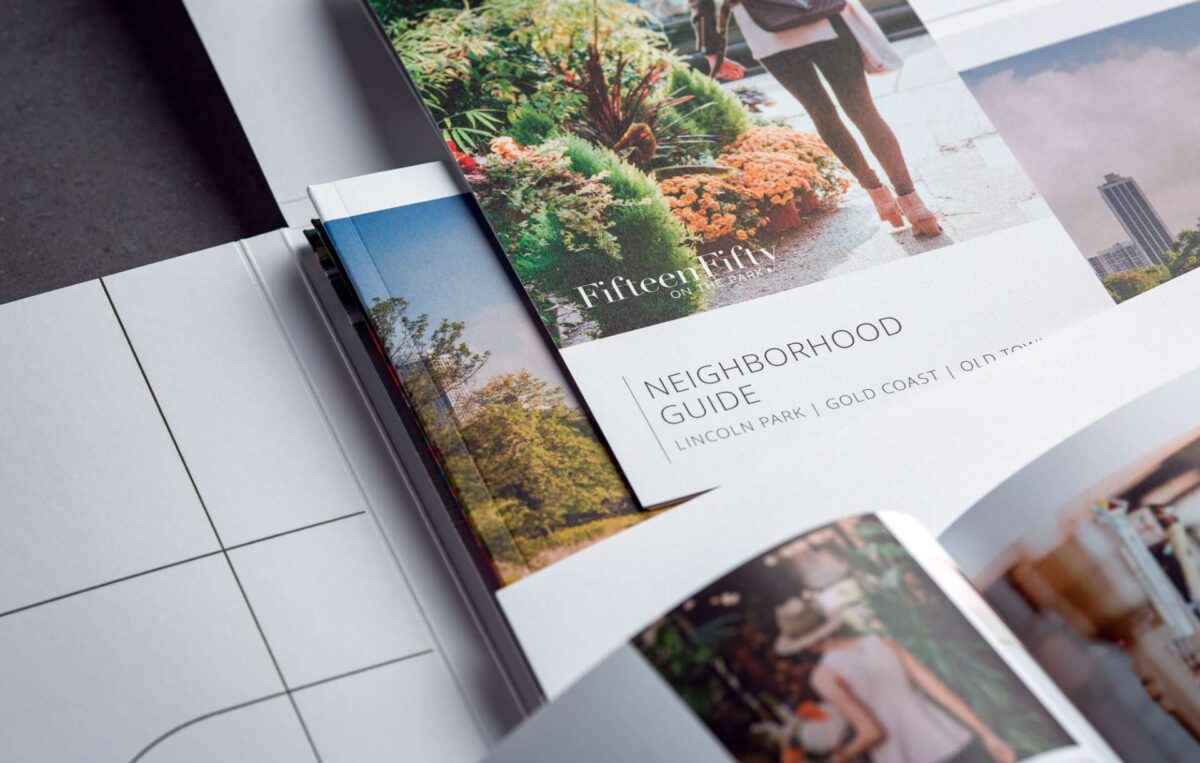 Print collateral kit design for real estate brand 1550 on the Park