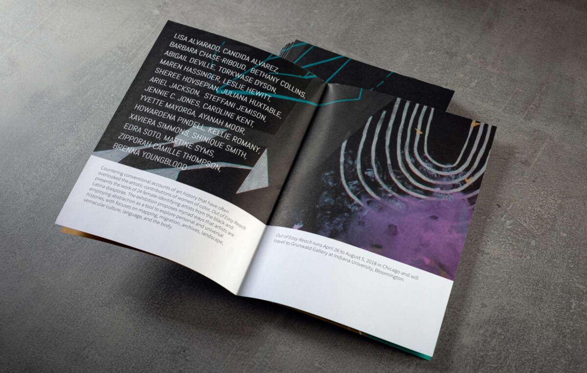 Printed exhibit catalogue designed for Out of Easy Reach at the DePaul Art Museum in Chicago.